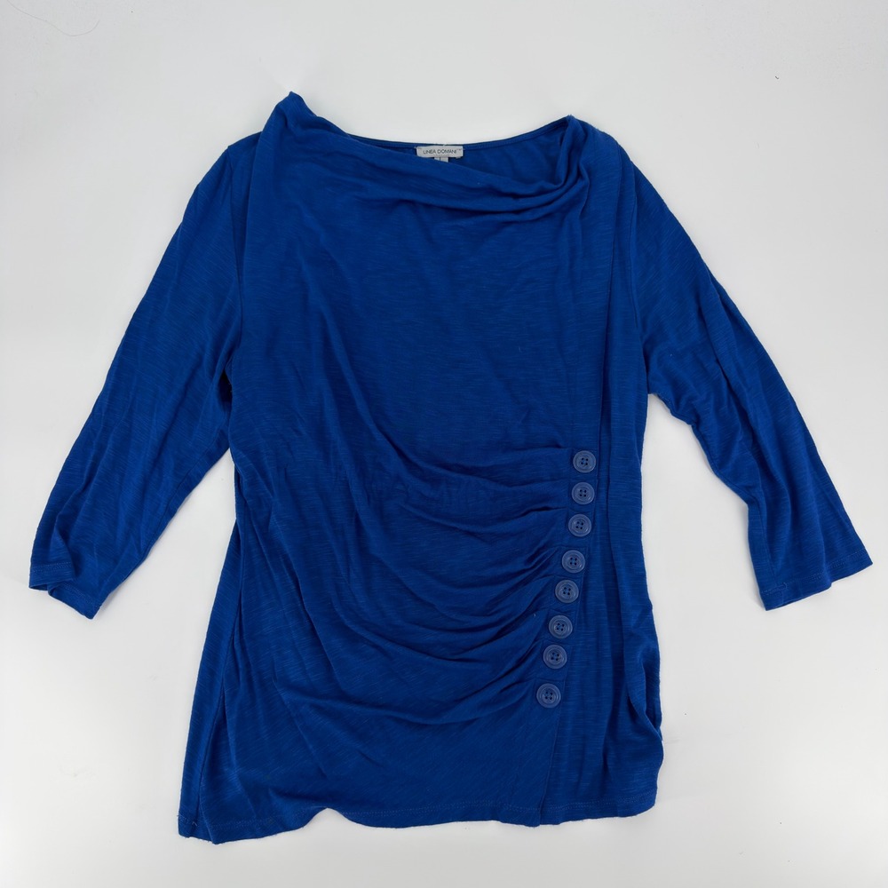 Linea Domani Top Large Blue Excellent‎ Cowl Neck Ruched Side Button 3/4 Slv